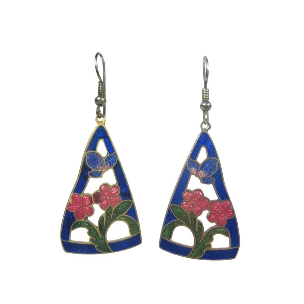 Vintage Cloisonne Floral Triangle Earrings Enamel Floral Butterfly Gold Tone